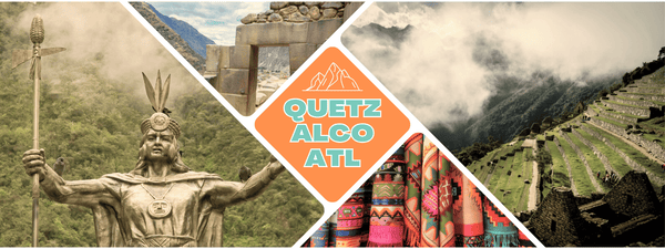 Quetzalcoatl banner with images from ancient America