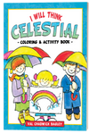 Coloring book cover with children holding umbrellas and a rainbow, titled 'I Will Think Celestial'.