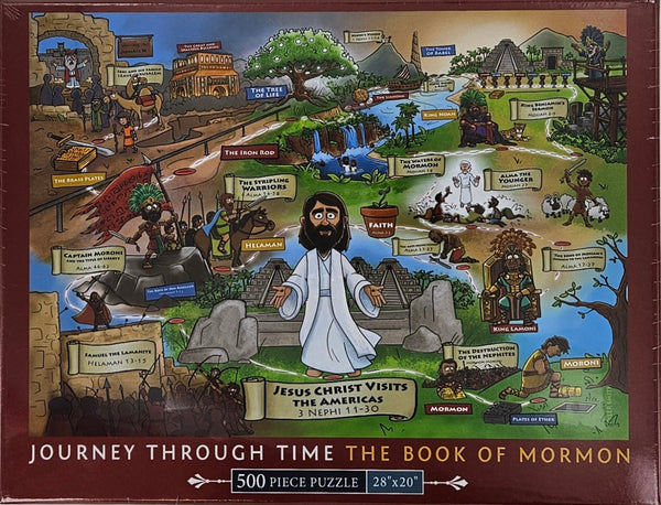 A puzzle game cover for 'Journey Through Time The Book of Mormon' with 500 pieces, featuring illustrations of characters and scenes from the Book of Mormon.