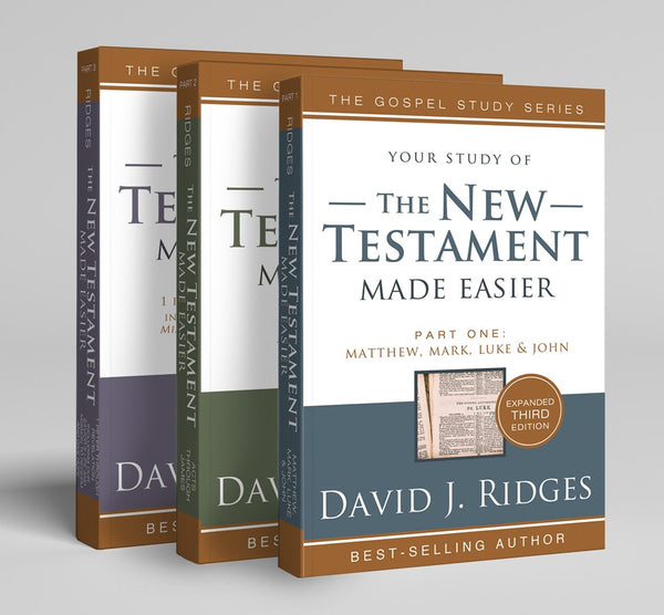 A set of three books titled 'The New Testament Made Easier' by David J. Ridges, indicating a study guide series on the New Testament of the Bible.