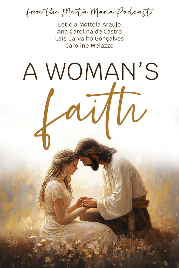 Book cover of 'A Woman's Faith' with a painting of a woman and a man sitting together in a field.