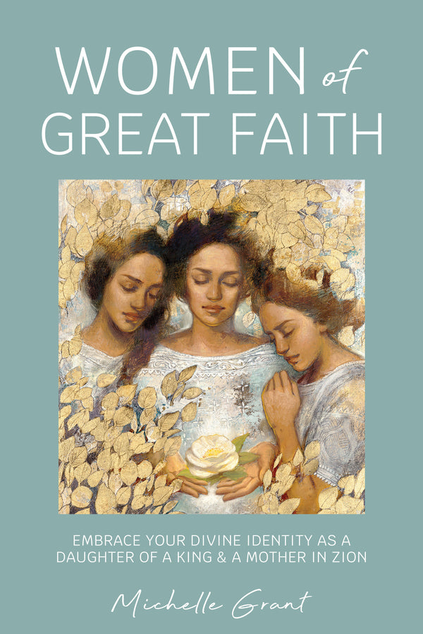 Book cover of 'Women of Great Faith' with three women holding flowers against a teal background.