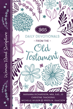 Book cover of '365 Daily Devotionals from the Old Testament' with floral design and purple accents.