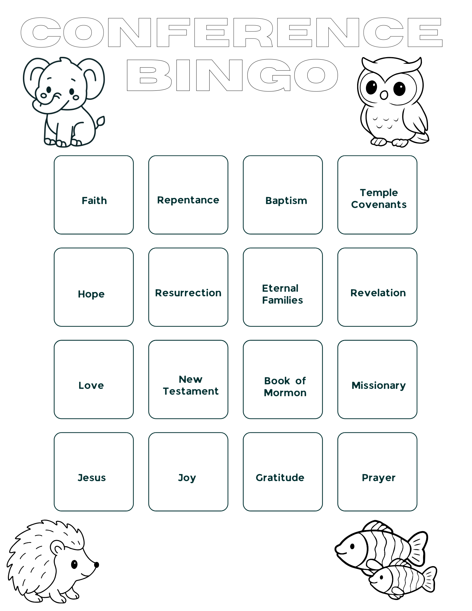 Conference Bingo game sheet with black and white illustrations and text.