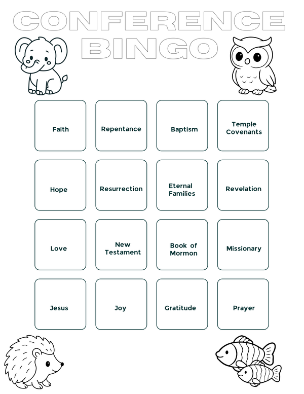 Conference Bingo game sheet with black and white illustrations and text.