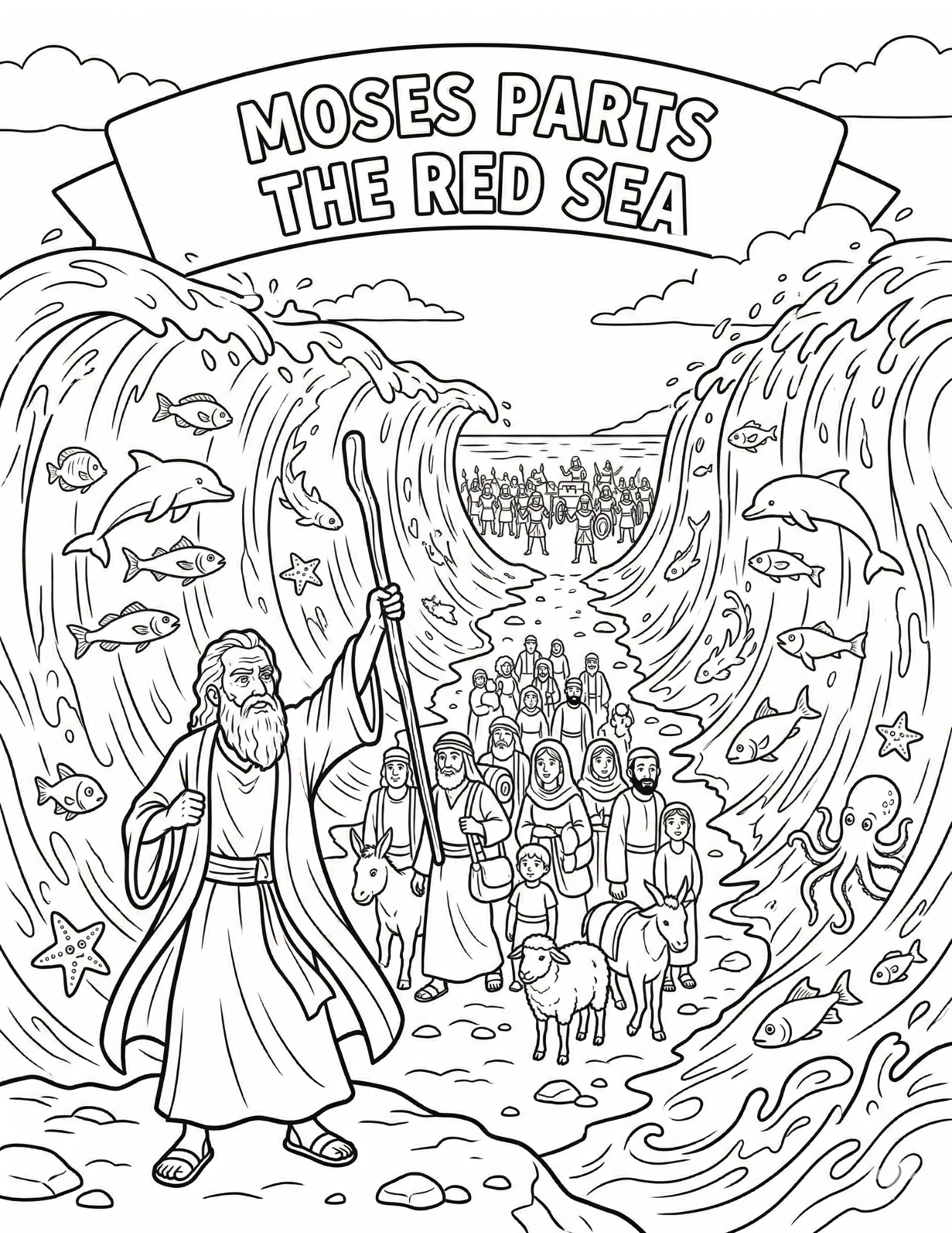 Free Moses Parting the Red Sea Coloring Page (Kid Version – Downloadable)