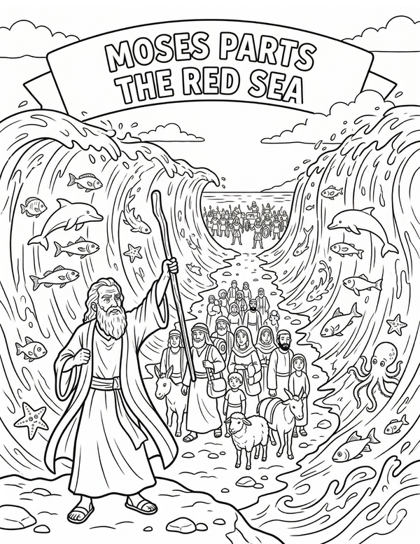 Free Moses Parting the Red Sea Coloring Page (Kid Version – Downloadable)