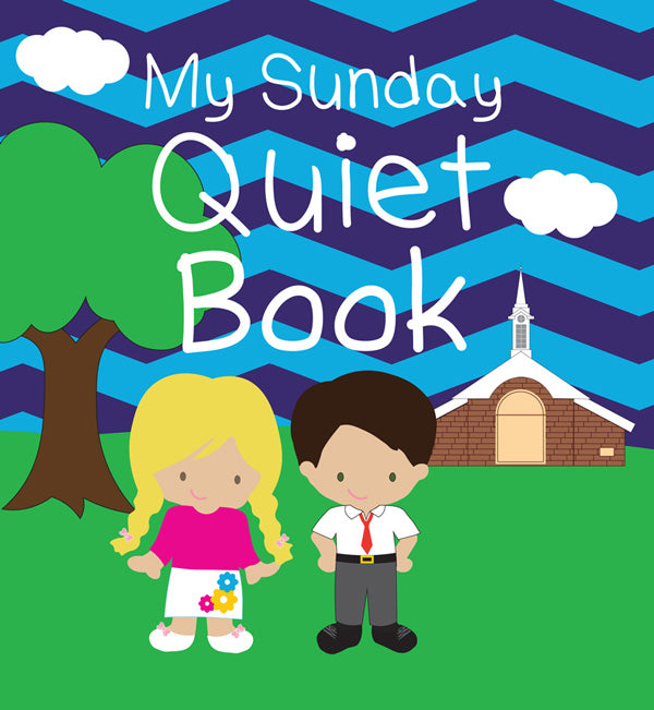 Cover of 'My Sunday Quiet Book' with two cartoon children and a church on a colorful background.