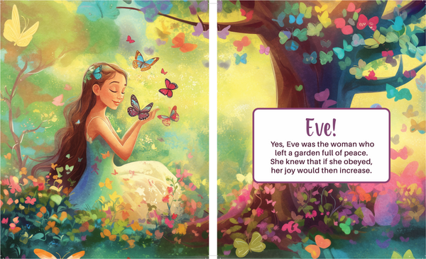 Illustration of a woman surrounded by butterflies with a text box on a colorful background.