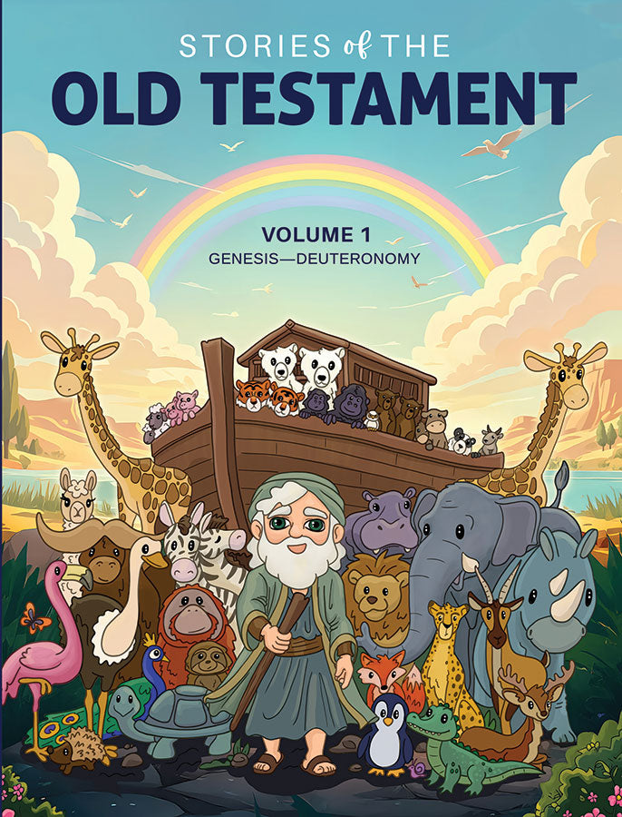 Book cover of 'Stories of the Old Testament Volume 1' with a colorful illustration of Noah and animals on an ark.