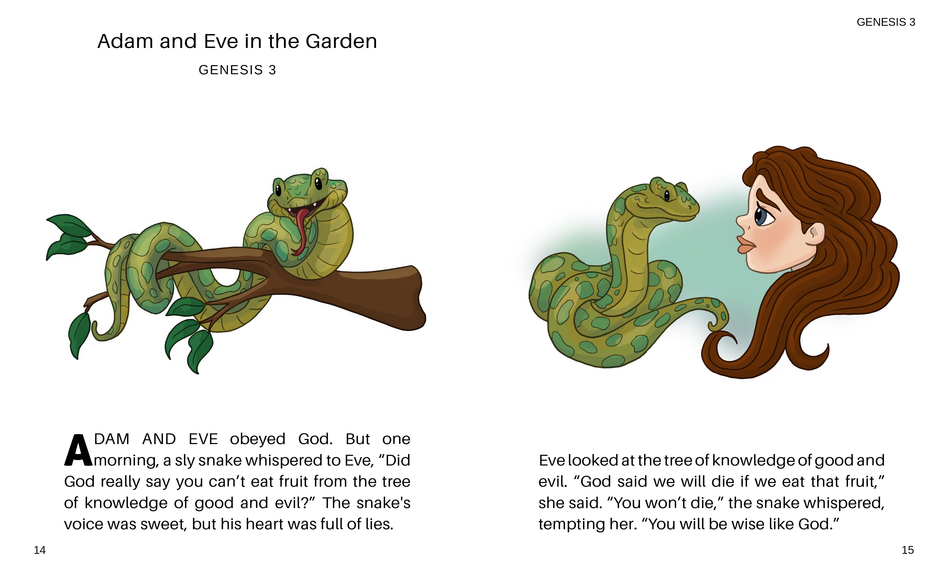 Illustration of Adam and Eve from Genesis 3, with a snake and Eve's face.