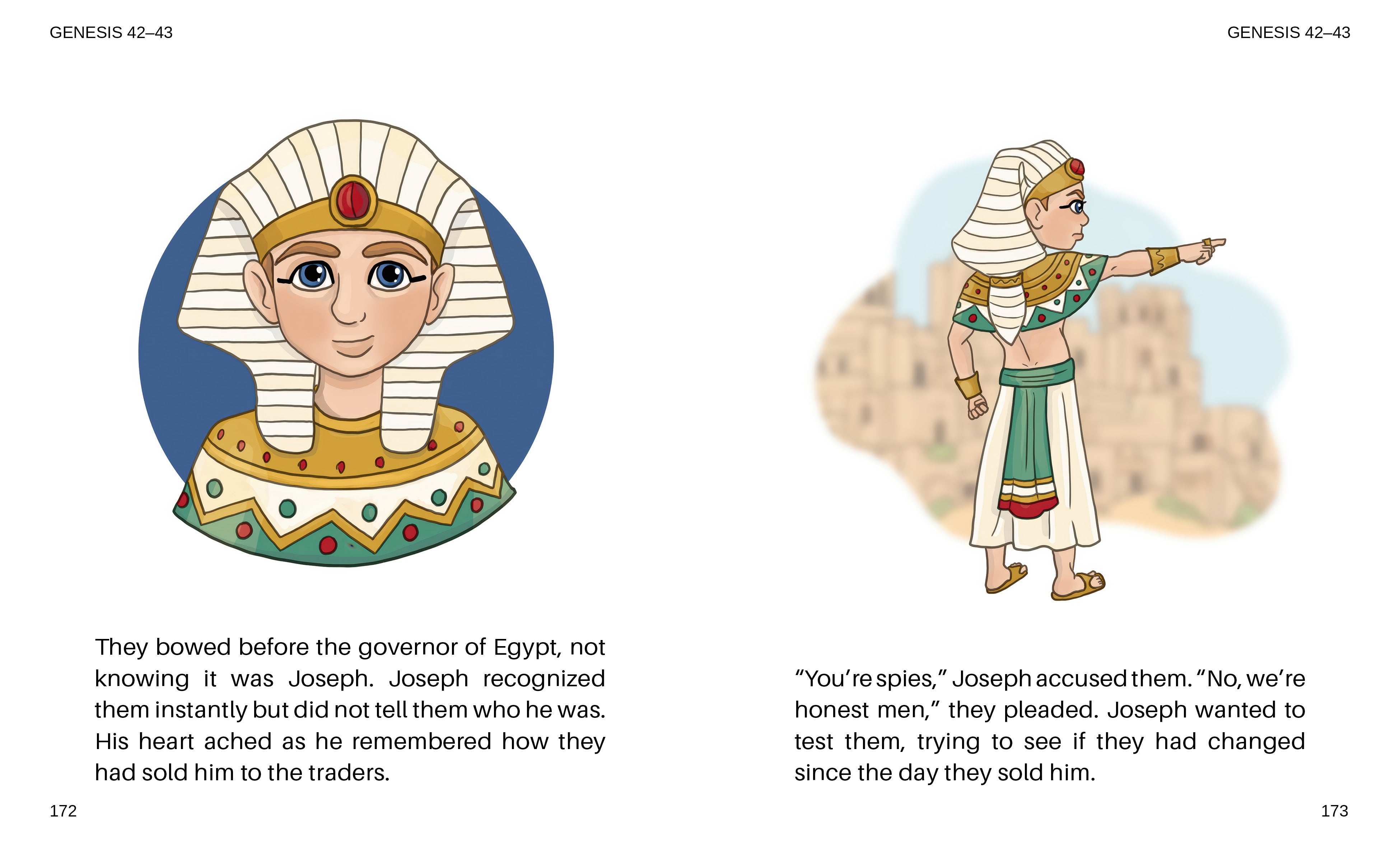 Illustration of a Pharaoh in a children's book, with text about Joseph recognizing his family.