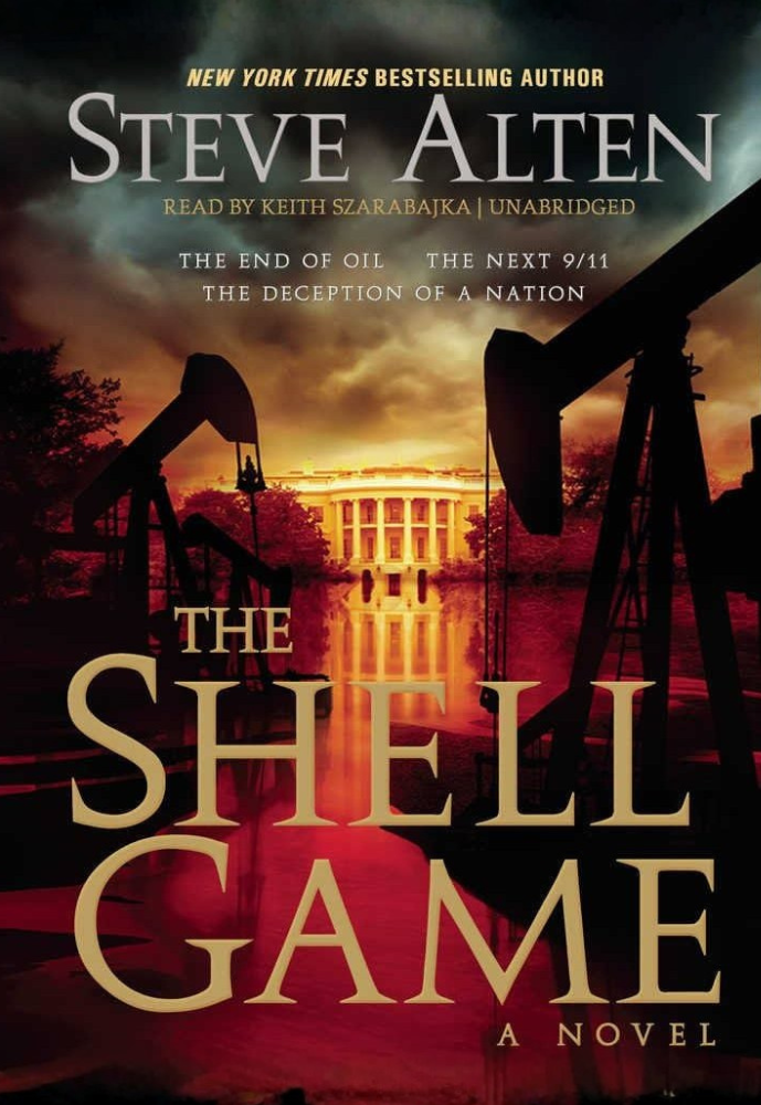 Book cover of 'The Shell Game' by Steve Alten with oil pumps and a sunset.