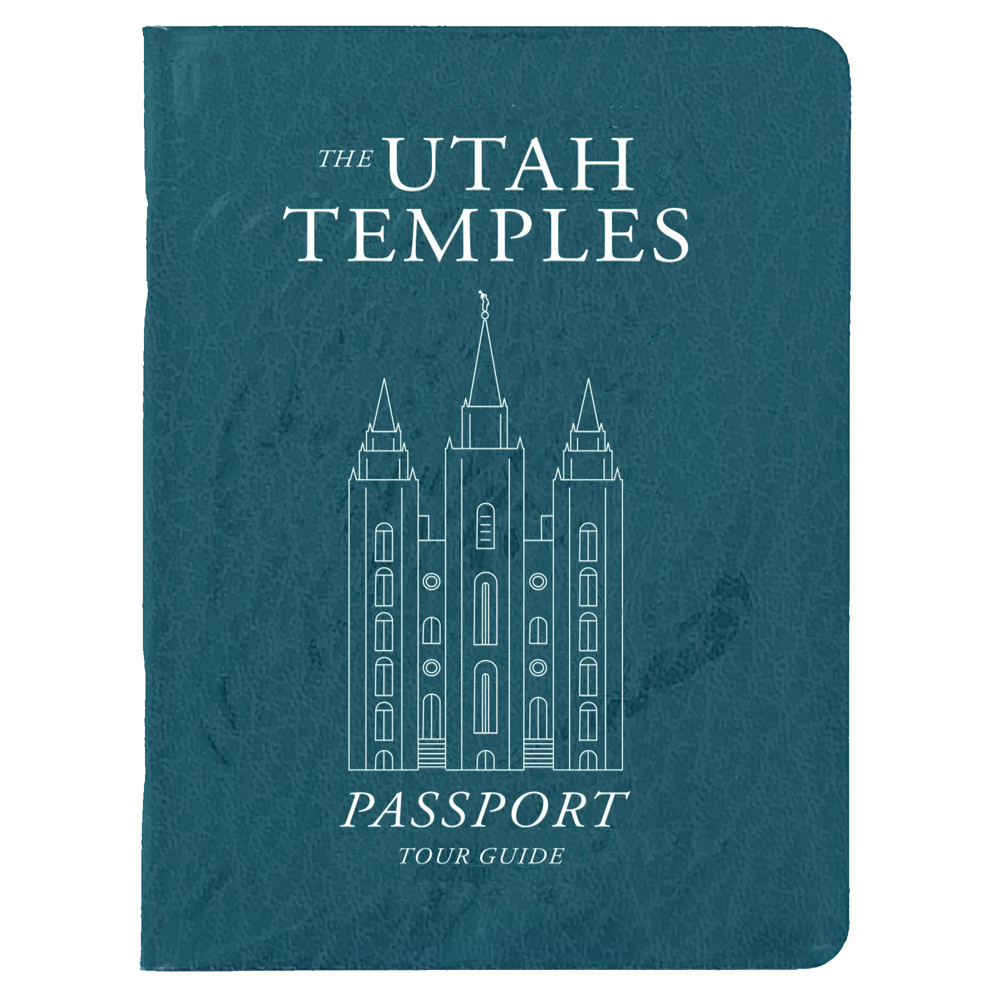 Teal passport tour guide with 'The Utah Temples' text and temple illustration on a white background