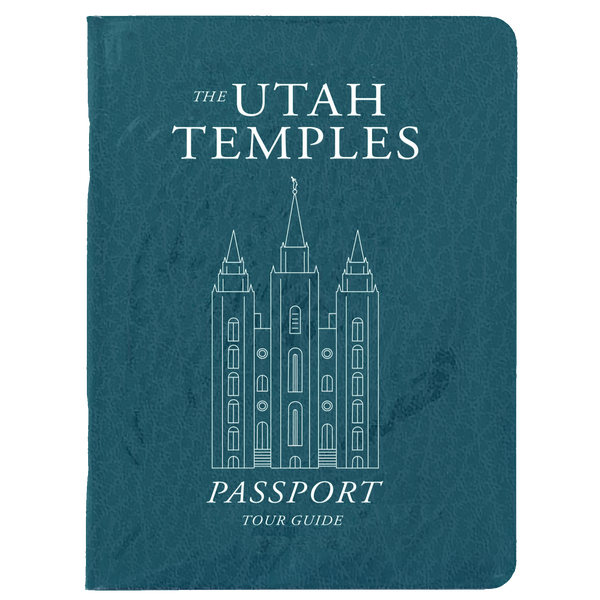 Teal passport tour guide with 'The Utah Temples' text and temple illustration on a white background
