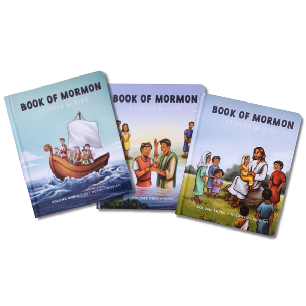 Three volumes of 'book of mormon stories for kids' on a white background