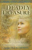 Book cover of 'Deadly Treasure' with a young girl's face and intricate design elements.