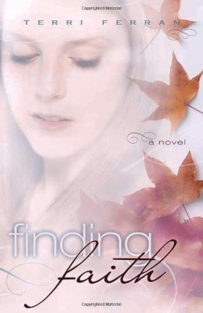 Book cover of 'Finding Faith' by Terri Ferran with a woman's face and autumn leaves.
