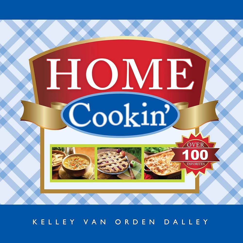 Book cover of 'Home Cookin'' with images of food and text on a blue checkered background