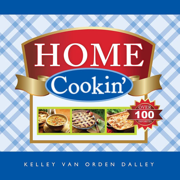 Book cover of 'Home Cookin'' with images of food and text on a blue checkered background