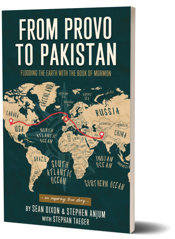 Book cover of 'From Provo to Pakistan' with world map and travel route on a green background