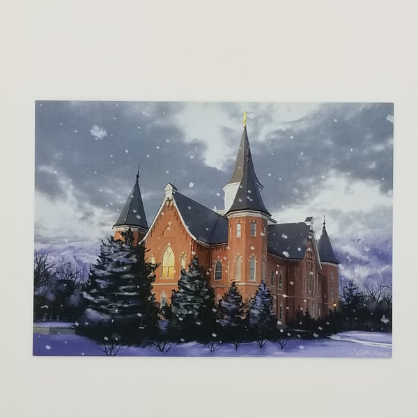 A print featuring the Provo City Center Temple with a winter scene, including snow on the ground and trees.