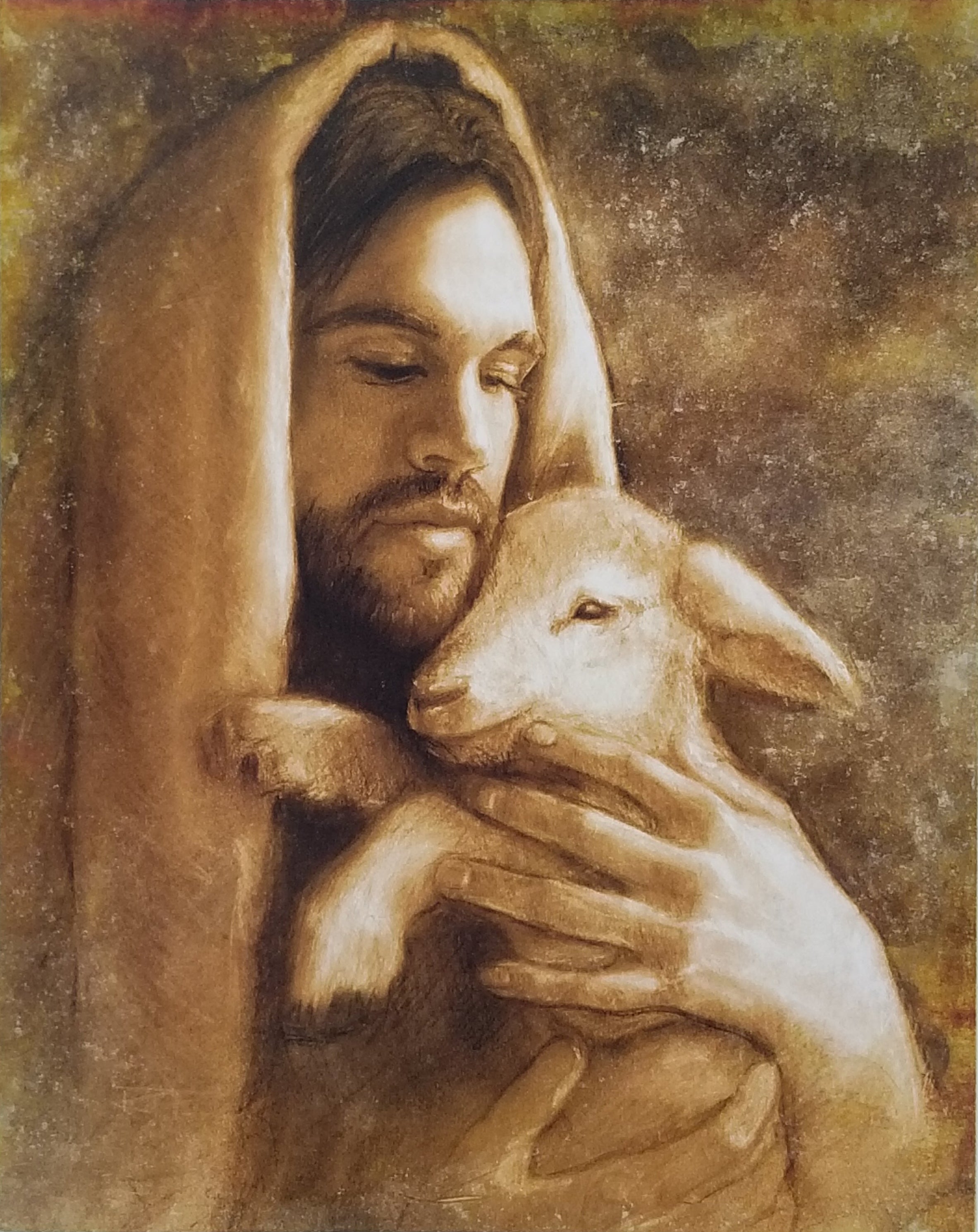 A print depicting a Jesus embracing a sheep, rendered in a warm, earthy tone with a textured background.