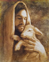 A print depicting a Jesus embracing a sheep, rendered in a warm, earthy tone with a textured background.