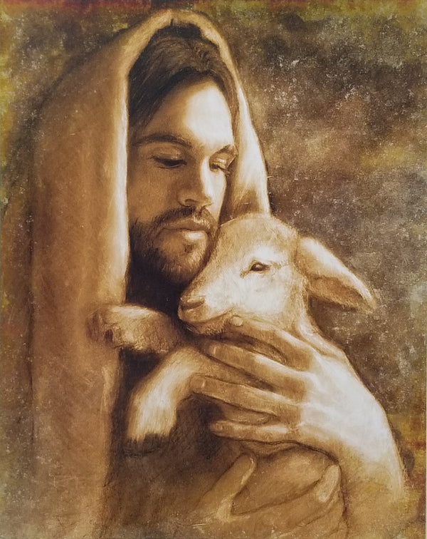 A print depicting a Jesus embracing a sheep, rendered in a warm, earthy tone with a textured background.