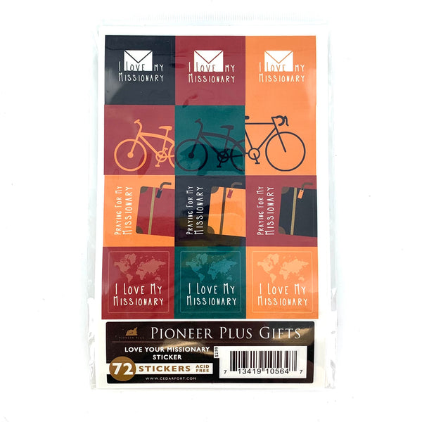 A pack of 72 decorative stickers with various designs including bicycles, a globe, and text phrases related to missionary work, packaged in a clear plastic bag with a label.