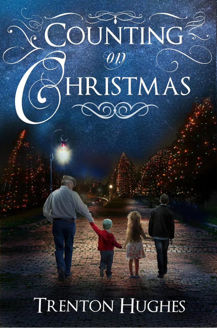 Book cover of 'Counting on Christmas' featuring a family of three children and two adults walking down a street at dusk with Christmas decorations and a clear night sky in the background.