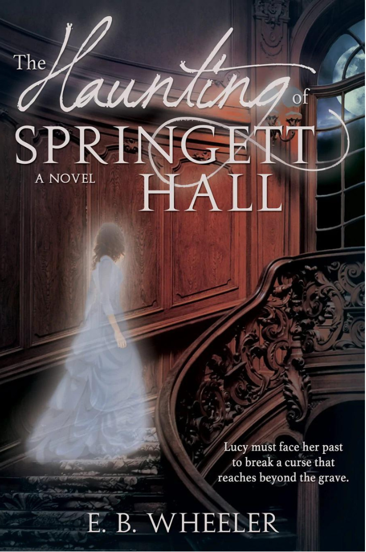 Cover of 'The Haunting of Springett Hall' featuring a woman in a white dress floating down a staircase, with a dark, ornate background.