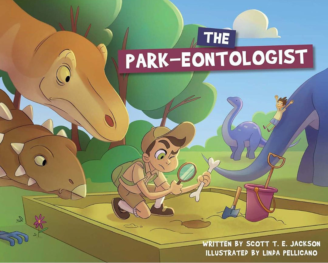 Cover of a children's book titled 'The Park-Eontologist' featuring an illustration of a child wearing a hat and glasses, digging in a sandbox with dinosaurs in the background.