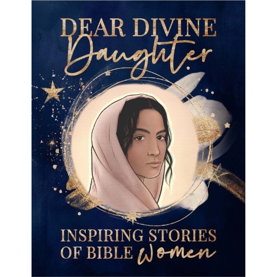 Cover of the book 'Dear Divine Daughter' featuring an illustration of a woman with a subtle golden background, surrounded by stars and with the title 'Inspiring Stories of Bible Women'.