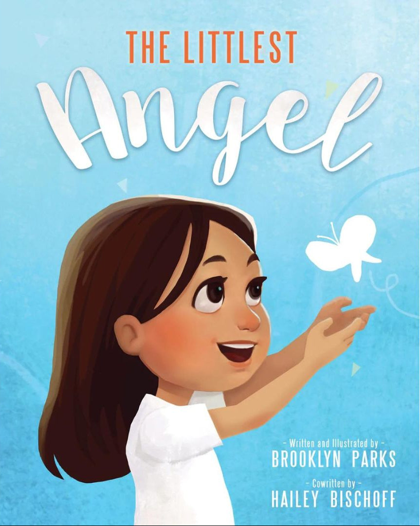 Cover of 'The Littlest Angel' book, featuring an illustration of a smiling young girl with dark hair, wearing a white dress, and holding a butterfly. The background is blue with decorative elements.