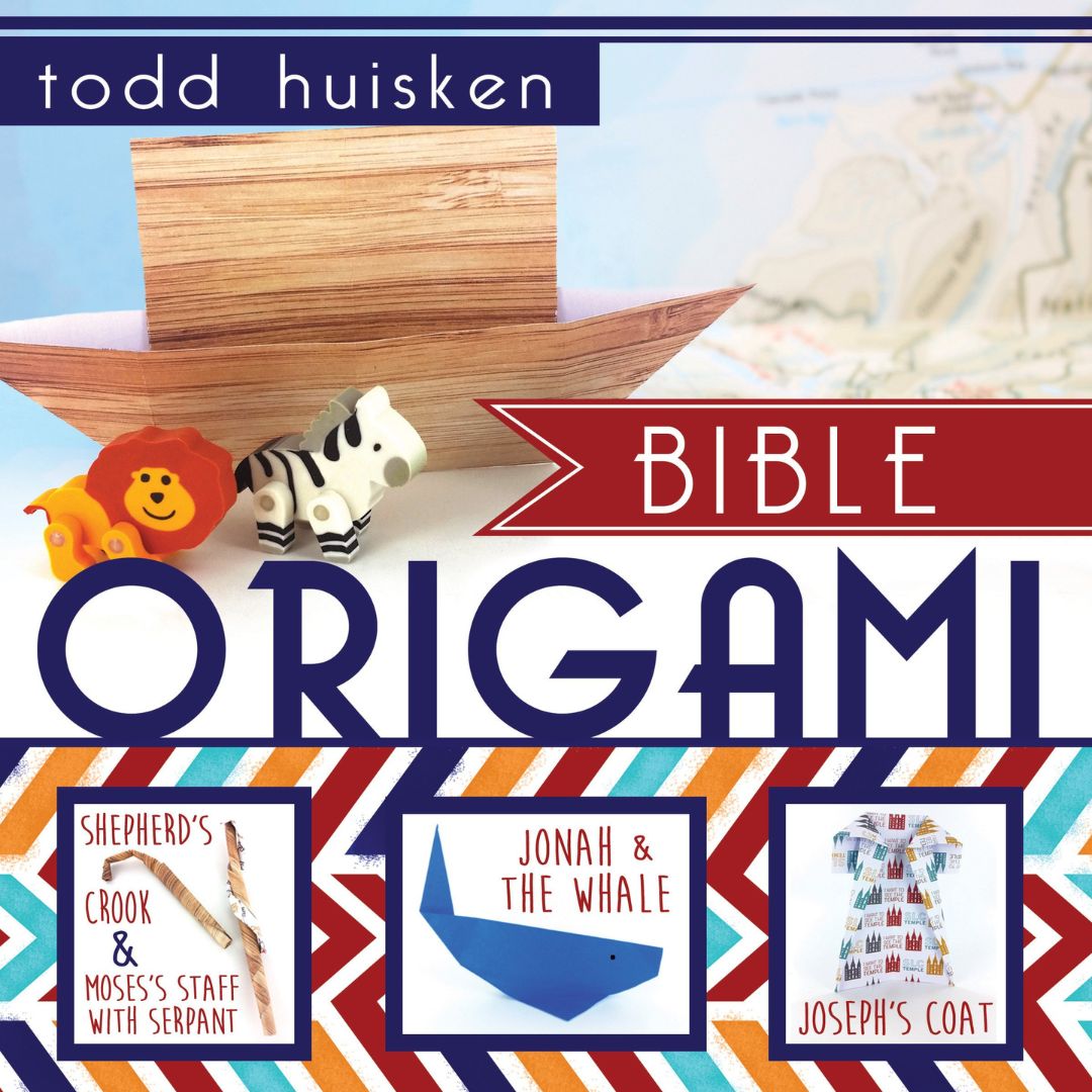 The image shows the cover of a book titled 'Bible Origami' by Todd Huisken. The cover features a wooden origami figure shaped like a boat, with the text 'Shepherd's Cook' and 'Jonah & The Whale' on it, indicating themes related to the Bible.