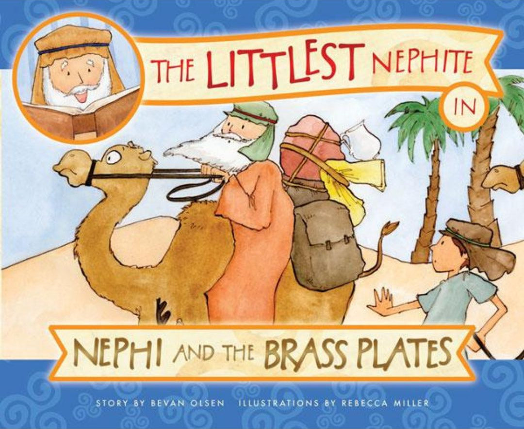 Book cover of 'The Littlest Nephite in Nephi and the Brass Plates' featuring illustrations of characters Nephi, Laman, and Lemuel with a camel, book, and brass plates motif.
