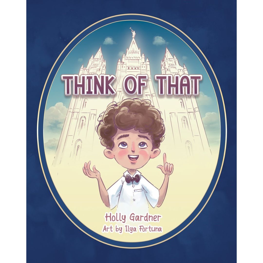 Book cover of 'Think of That' featuring an illustration of a child with a temple in the background.