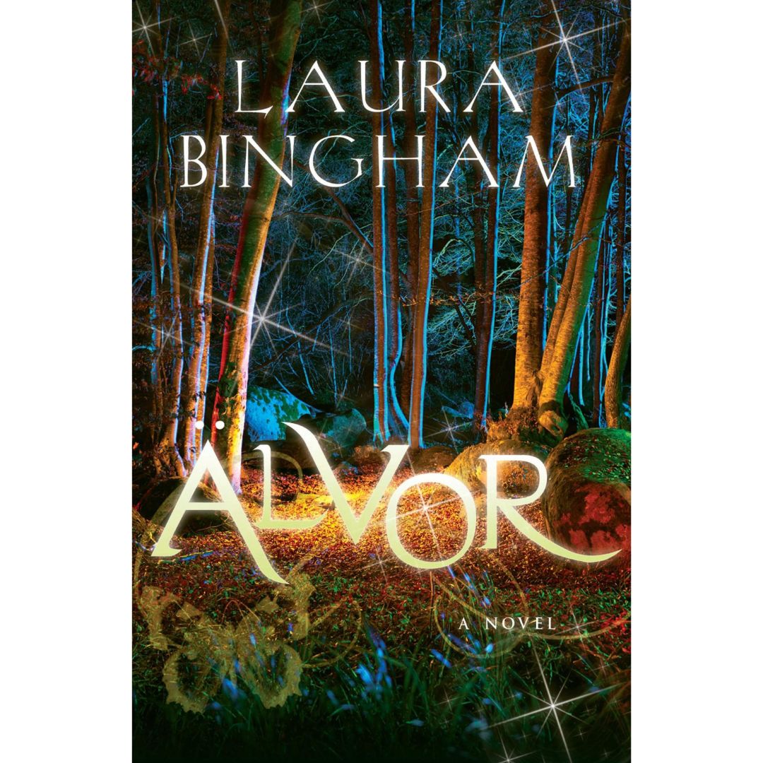 Cover of the novel 'Alvor' by Laura Bingham, featuring a dark, forest-like setting with twilight lights and the title in a decorative font.