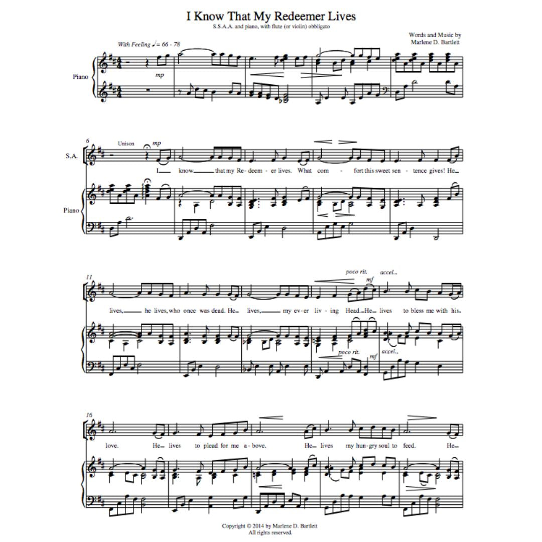 I Know That My Redeemer Lives (For SSAA and Piano, with Flute or Violin Obbligato) - Sheet Music - Download