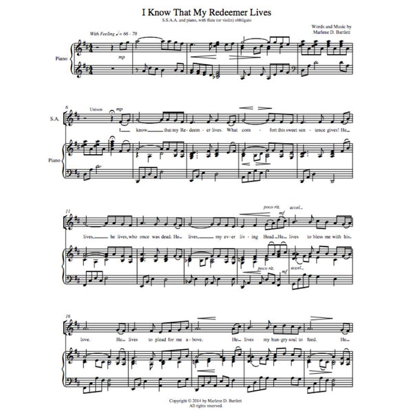I Know That My Redeemer Lives (For SSAA and Piano, with Flute or Violin Obbligato) - Sheet Music - Download
