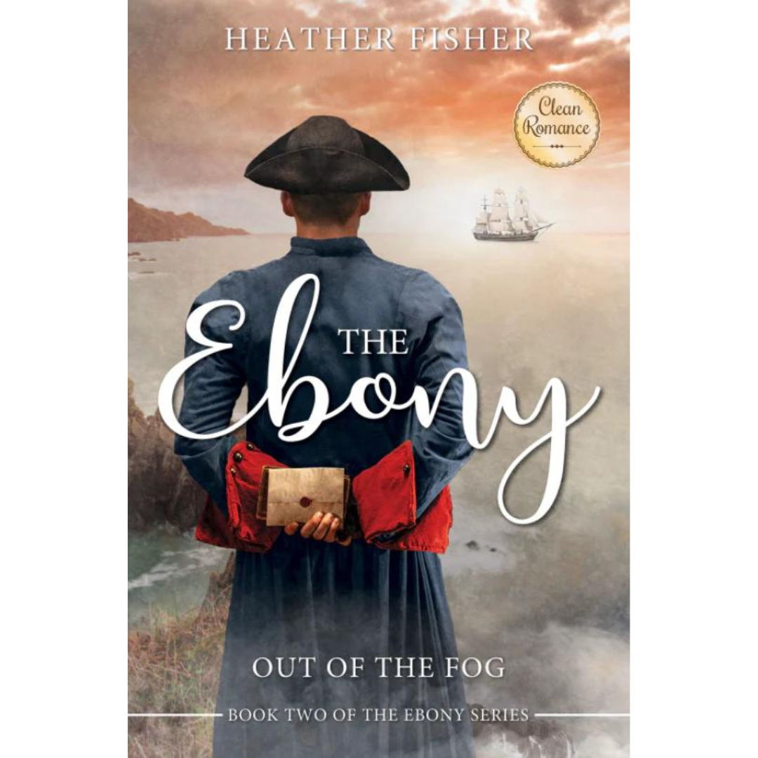 Book cover of 'The Ebony: Out of the Fog' featuring a man in a blue jacket and red pants, holding a map and a book, with a background of a stormy sea.