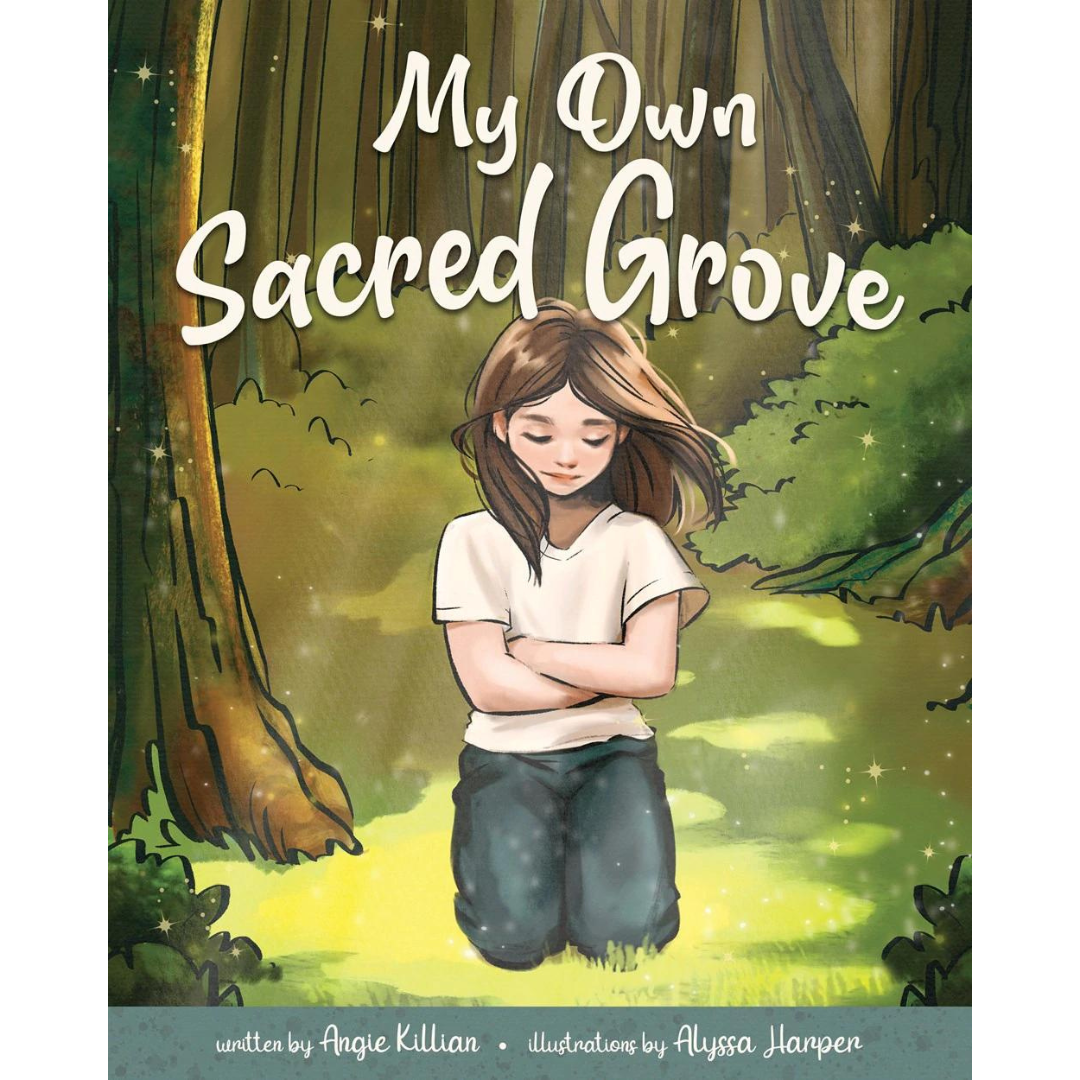Cover of the children's book 'My Own Sacred Grove' featuring an illustration of a girl praying in a forest setting.